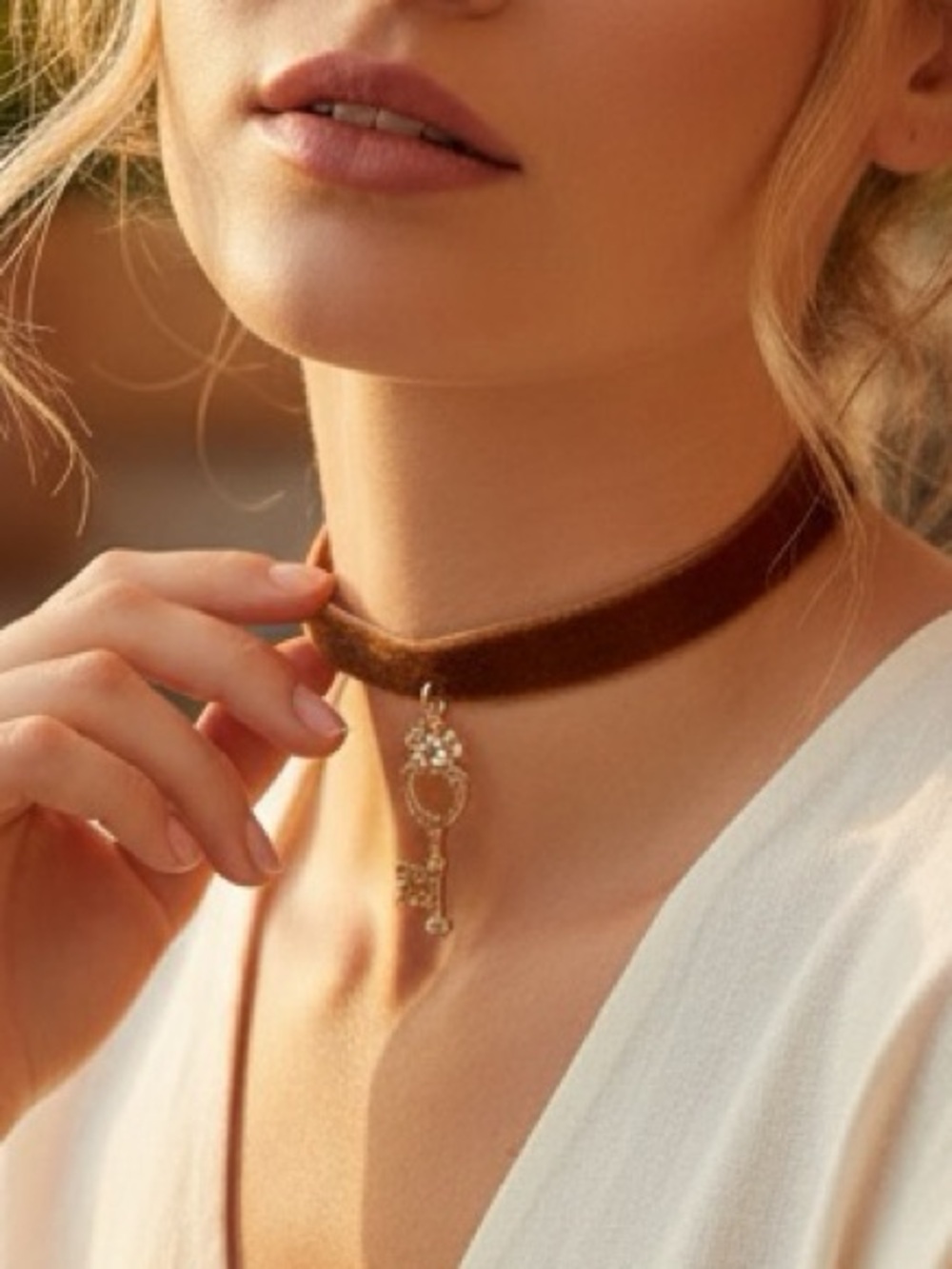 Brown Velvet Choker with Gold Key Pendant.